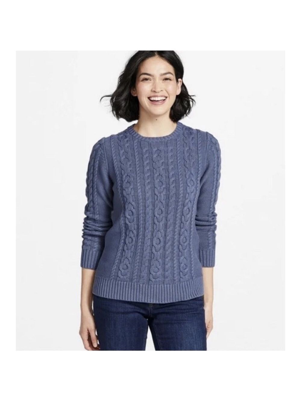 L.L. Bean Women's Double L® Cable Sweater MED Blue Crewneck Fisherman Coastal